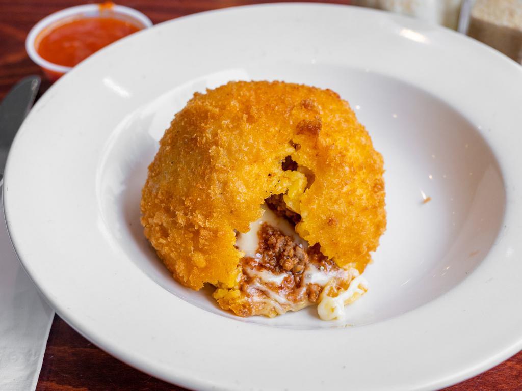 1 Arancini · Rice ball stuffed with meat, peas and cheese.