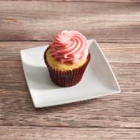 Strawberry Vanilla · Vanilla Cupcake, Strawberry Fruit Filling topped with Strawberry Buttercream Icing & a Dusti...