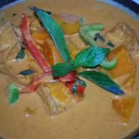 Pumpkin Curry · Your choice of protein in red curry sauce chunk pumpkin, bell peppers and basil.