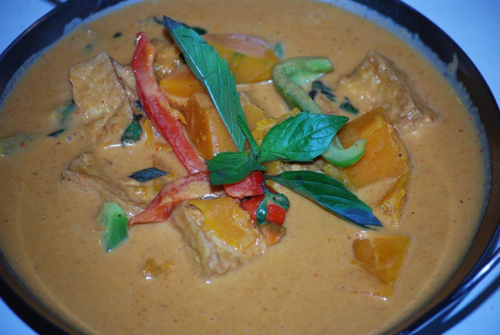 Pumpkin Curry · Your choice of protein in red curry sauce chunk pumpkin, bell peppers and basil.