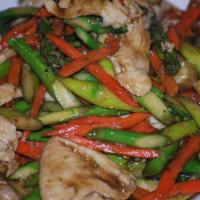 Asparagus Appetite · Your choice of protein stir fried with asparagus, carrots and baby corns in oyster sauce. 