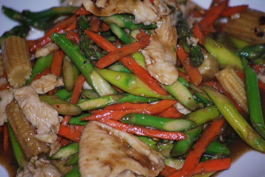 Asparagus Appetite · Your choice of protein stir fried with asparagus, carrots and baby corns in oyster sauce. 