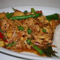 Thai Bamboo · Your choice of meat stir fried with sliced bamboo, green beans, mushroom, red bell peppers a...