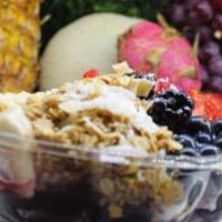 Dragon Berry Bowl · Blend of pitaya, banana, and mix berries with toppings of honey granola, banana, blueberry, ...