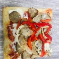 Rustica Pizza · Tomato sauce, mozzarella, sausage, peppers, onion and parsley.