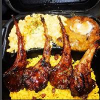 Succulent Lamb Chops - · Bone-in with BBQ sauce. New Zealand Premium Lamb Chops served with rice  and 2 reserved side...