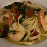 Sweet & Spicy Shrimp Scampi · Fettuccine, shrimp, baby spinach, hot cherry and sweety drop peppers in a white wine butter ...