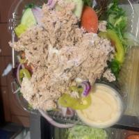 Tuna Salad · lettuce, tomatoes ,red onions hot peppers, olives,cucumbers 