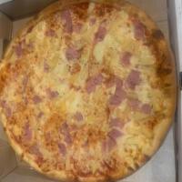 Hawaiian Pizza · Cheese pizza with sliced ham and pineapple chunks.