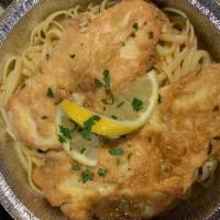Chicken Francese · Egg battered chicken tossed in a white wine lemon garlic sauce. Served with salad, bread and...