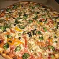 Vegetable Pizza · Broccoli, mushrooms, peppers, onions and black olives.