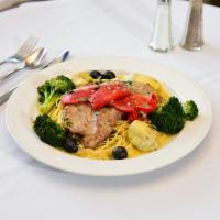 Veal Nicholas · Delicate butter wine sauce with broccoli, artichoke heart, roasted red peppers, and black ol...