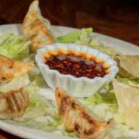 A2. Gyoza · 6 pieces dumplings, chicken, vegetable pot stickers and soy based sauce.