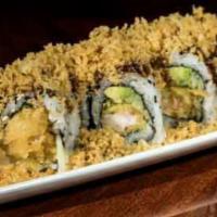 R19. Crunch Roll · Shrimp tempura, avocado, cucumber and crunchy flakes.