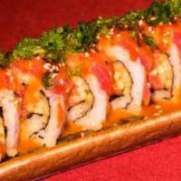 C5. Spicy Yakuza Roll · Spicy tuna roll top with tuna and garnished with tobiko, viagra sauce and sriracha.