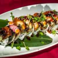 C11. Fire Dragon Roll · Whole 1/2 of eel on top of spicy tuna roll.