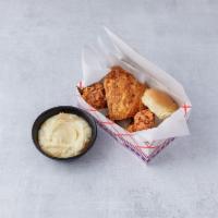 Snack Box 2 Pcs 1 Mash · Thigh and leg or breast and wing. 2 pieces chicken, 1 roll and large mashed potato.