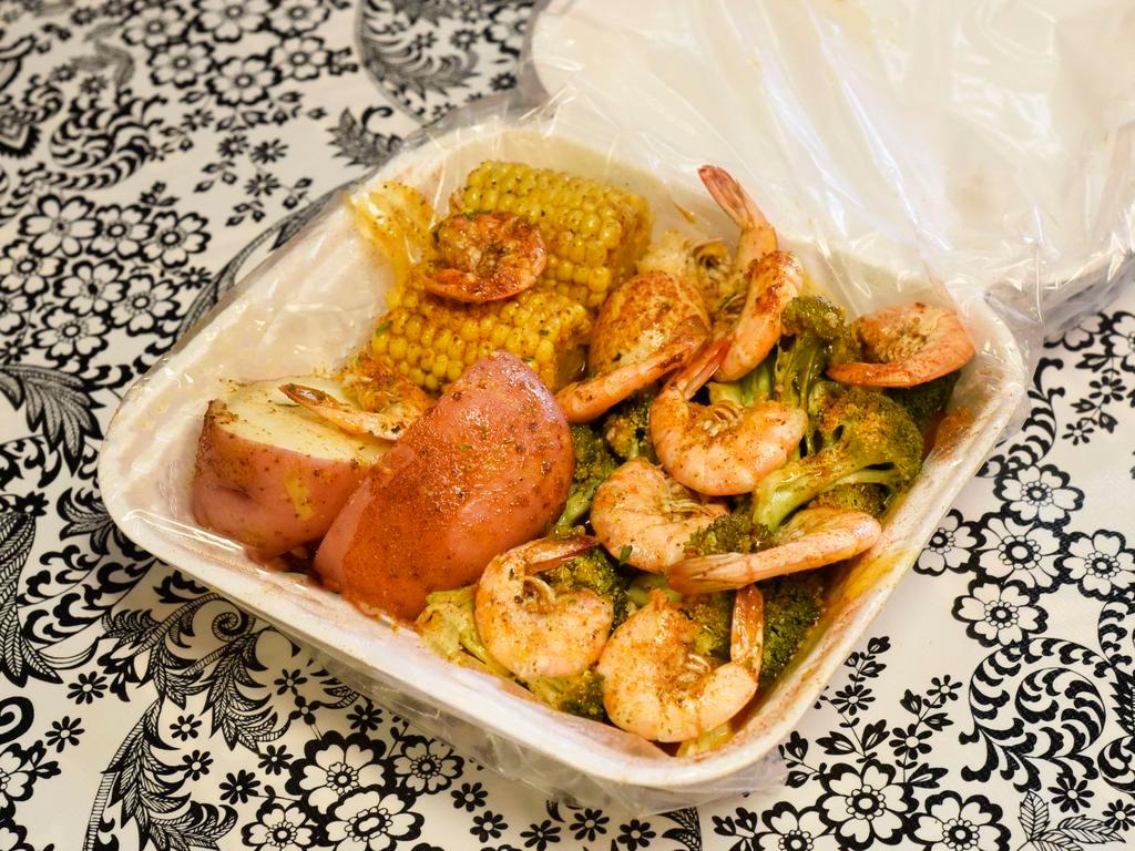 Shrimp Platter · Shrimp, corn, potato, broccoli and egg.