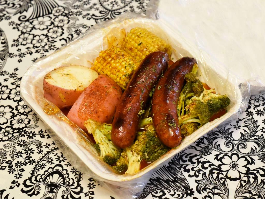 Sausage Platter · Sausage, corn, potato and broccoli.