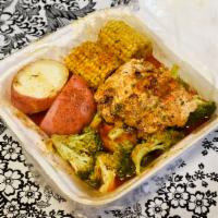 Salmon Platter · Salmon, corn, potato, broccoli and egg.