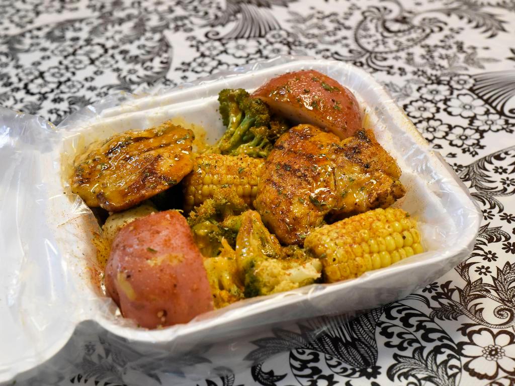 Chicken Platter · Chicken, corn, potato, broccoli and egg.