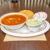 Pozole · 32 oz. Mexican traditional soup or stew made from hominy (corn) with pork. Served with shred...