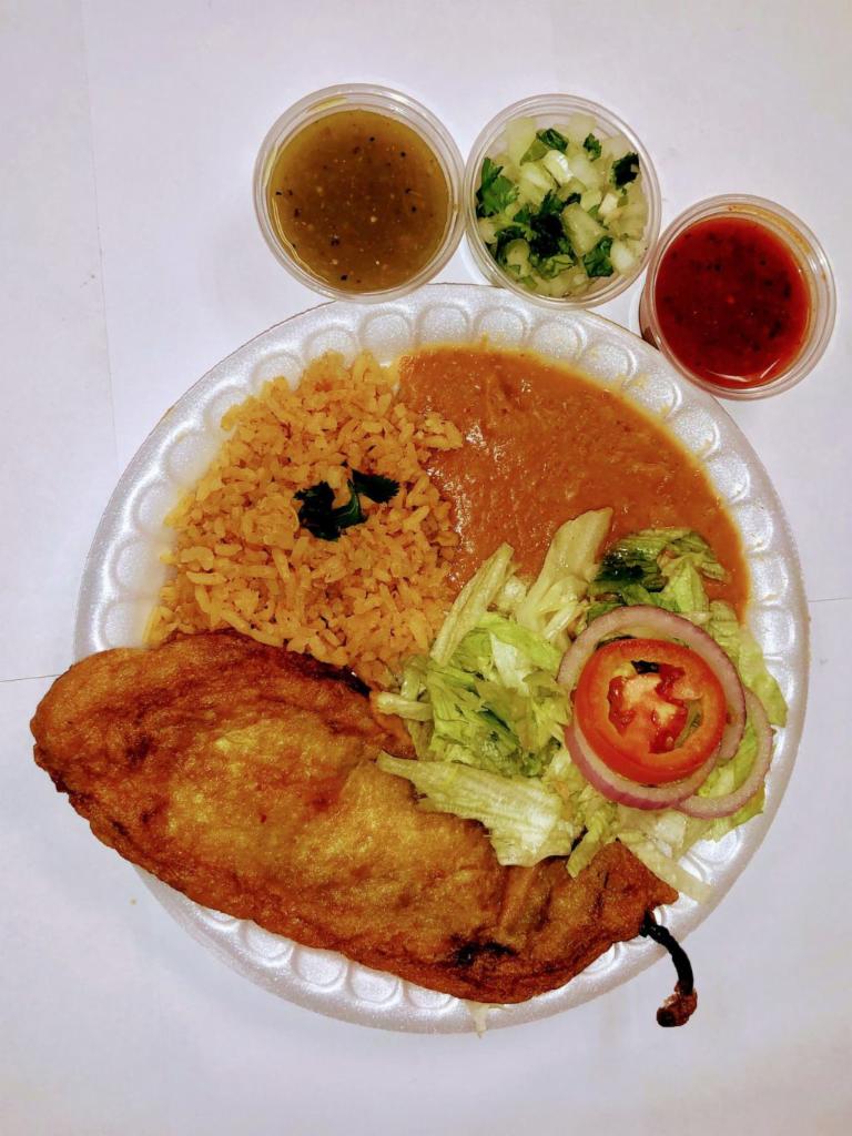 Chiles Rellenos Plate · Served with salad, rice, beans, corn or flour tortilla. Extra tortillas for an additional charge (corn 5 pieces or flour 2 pieces).