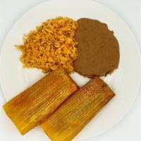 Tamales Plate · Served with rice, beans.