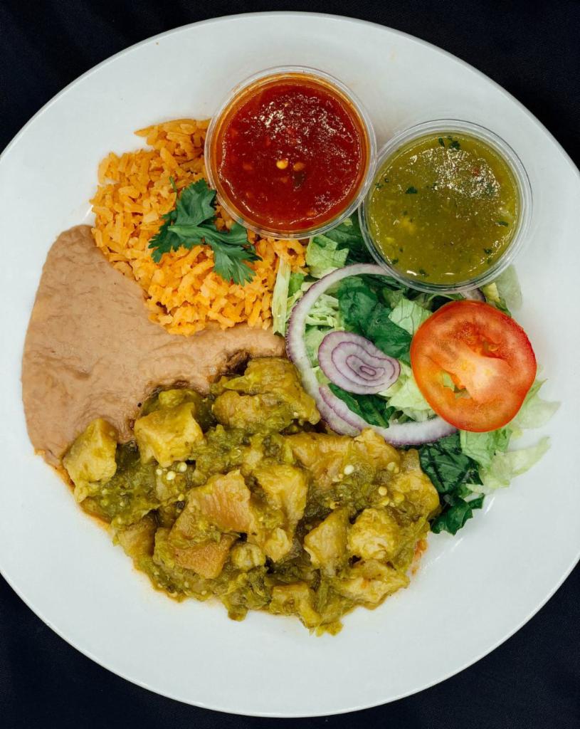 Chicharron Plate · All plates served with salad, rice, beans, corn or flour tortillas and red / green chilli sauce.