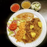 Deshebrada Plate · Served with rice, beans, corn or flour tortillas and green / red Chilli sauce. Extra tortill...
