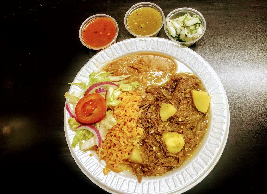 Deshebrada Plate · Served with rice, beans, corn or flour tortillas and green / red Chilli sauce. Extra tortillas for an additional charge (corn 5 pieces or flour 2 pieces).
