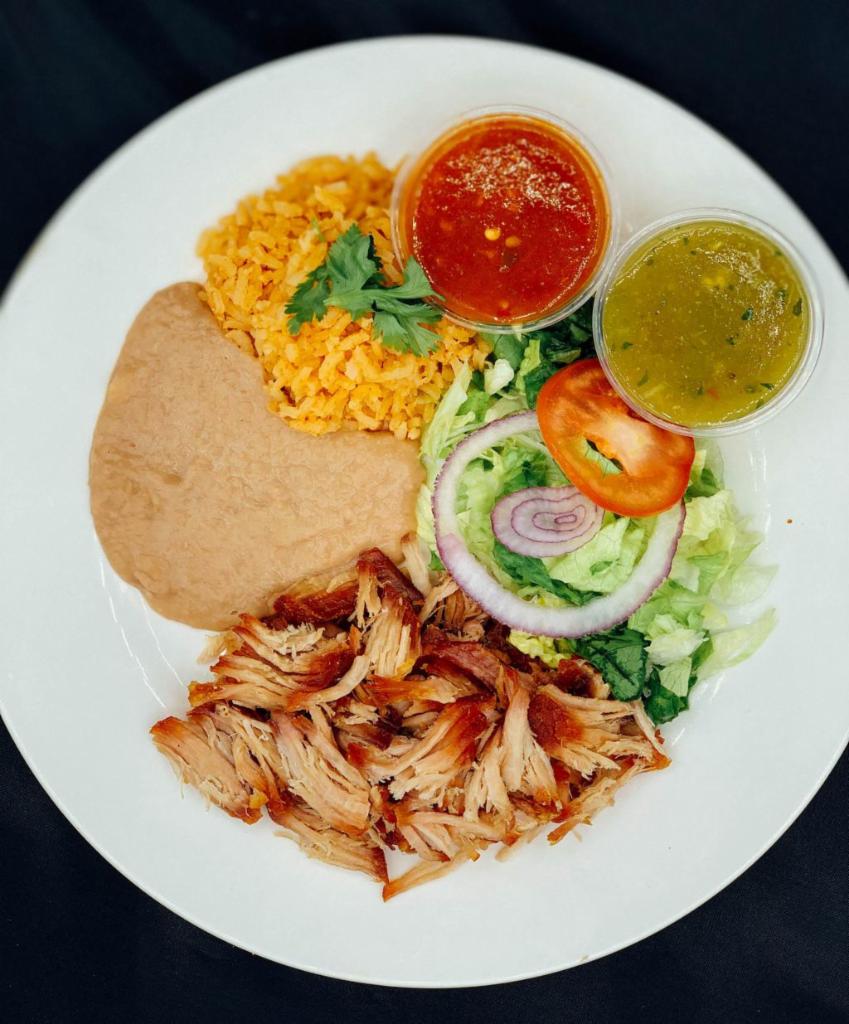 Pork Carnitas Plate · All plates served with salad, rice, beans, corn or flour tortillas and red / green chilli sauce.