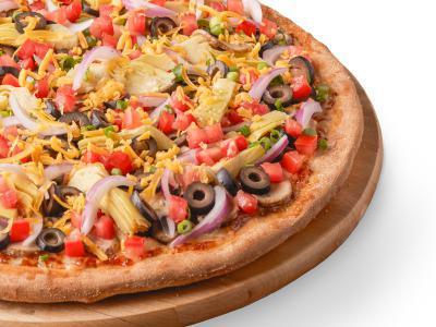 Artichoke Fiesta · Signature Garlic White Sauce on our Original Crust, topped with Mozzarella, Parmesan, and Cheddar Cheeses, Marinated Artichoke Hearts, Fresh Roma Tomatoes, Mushrooms, Red Onions, Green Onions, and Black Olives.

