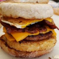 Breakfast Burger · English muffin, hash brown, egg, bacon, sausage patties, cheese