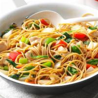 Chicken Noodles · Chicken seasoning, broth, olive oil, onion, carrots, celery, garlic, egg noodles, butter, fl...