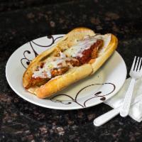 Chicken Parmigiana Hero · Breaded chicken, tomato sauce, and cheese sandwich.