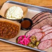 2 Meat Plate · Includes sauce, bread and choice of 2 sides.