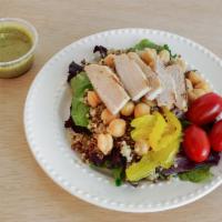Chicken Quinoa Salad · Spring mix, cucumber, red pepper, red quinoa, white quinoa, parsley, chickpeas, free-range g...