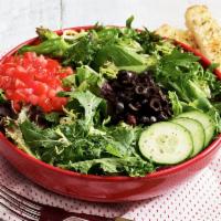 Garden Salad · Mixed field greens & romaine, olives, tomatoes, cucumber, croutons, ranch dressing. Vegetari...