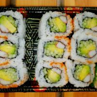 California Roll · Seaweed, Rice (Vinegared), Avocado, Cucumber, Crab meat (Imitate), Soy Sauce & Wasabi on the...