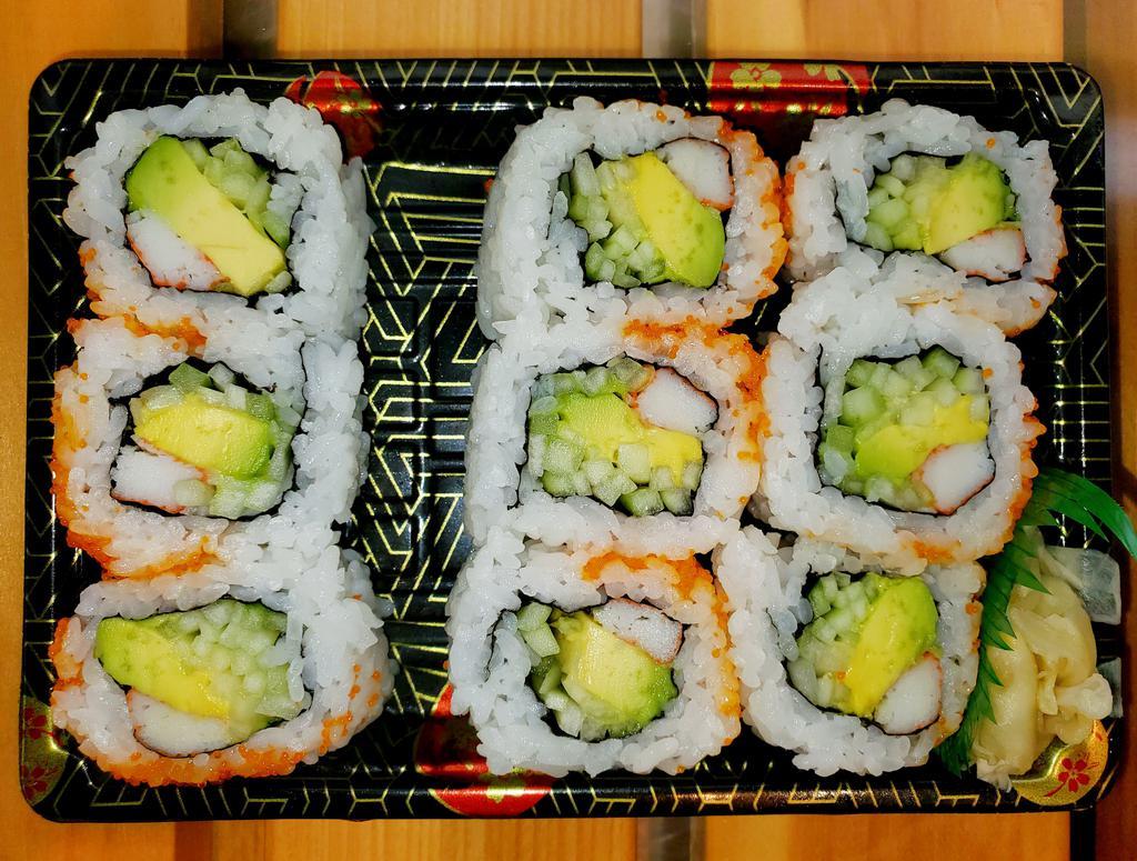 California Roll · Seaweed, Rice (Vinegared), Avocado, Cucumber, Crab meat (Imitate), Soy Sauce & Wasabi on the side.
