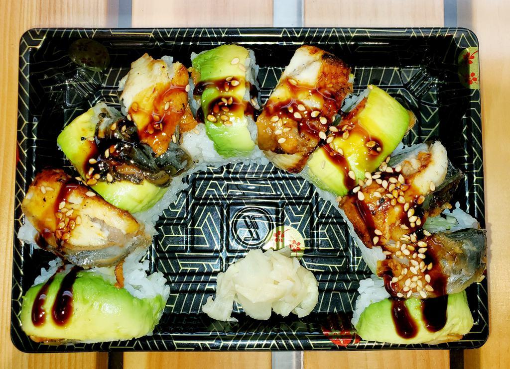 Dragon Roll · Avocado, unagi, and shrimp tempura.