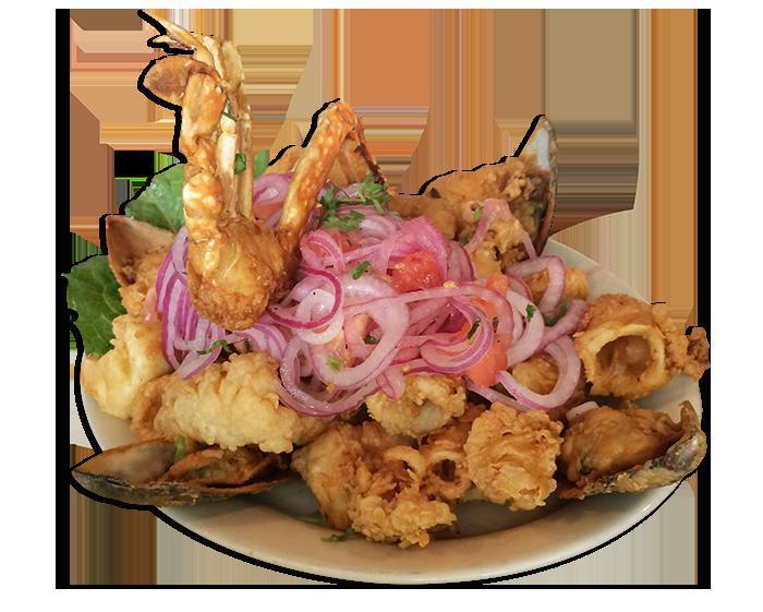 Jalea · Deep fried pieces of squid, shrimp and fish topped with hot spicy onions salad, mussels and crab meat.