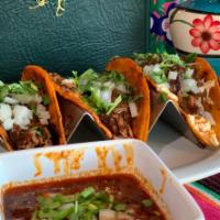 Birria cambo · 3 Birria tacos with a small soup (traditionally tacos are dipped) 