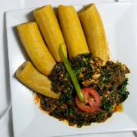 Spinach and Egusi Stew boiled green  plantain · Stews are cooked with onions, tomatoes, herbs and spices with your choice of beef, croaker f...