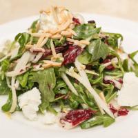 Tricolore Salad · Arugula, endive, and radicchio with goat cheese, toasted almonds, and honey mustard dressing.