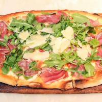 Prosciutto Pizza · Cherry tomatoes, mozzarella, parma prosciutto, arugula and Parmesan.