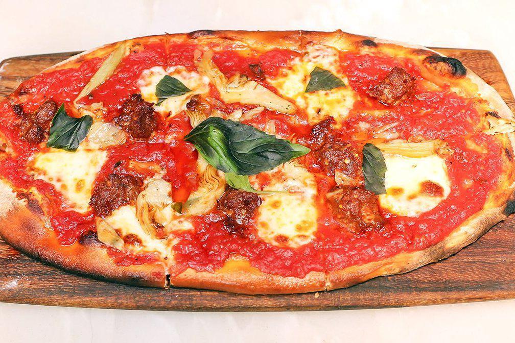 ‘Nduja ＆ Carciofi Pizza · Contains roasted peppers. Spicy, spreadable pork salami, artichokes, San Marzano tomato, and mozzarella.