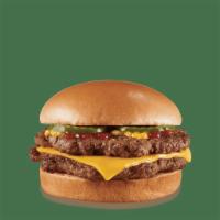 1/3 lb. Double Burger with Cheese · Two 100% all-beef patties equalling over a 1/3 lb. topped with melted cheese, pickles, ketch...