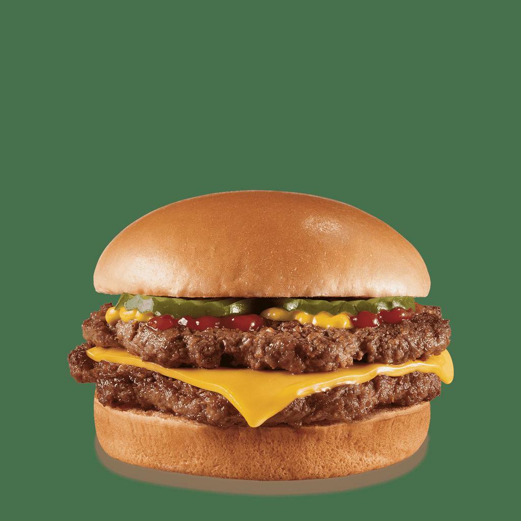 1/3 lb. Double with Cheese · Two 100% all-beef patties equalling over a 1/3 lb. topped with melted cheese, pickles, ketchup, and mustard served on a warm toasted bun. Pre-cooked weight.